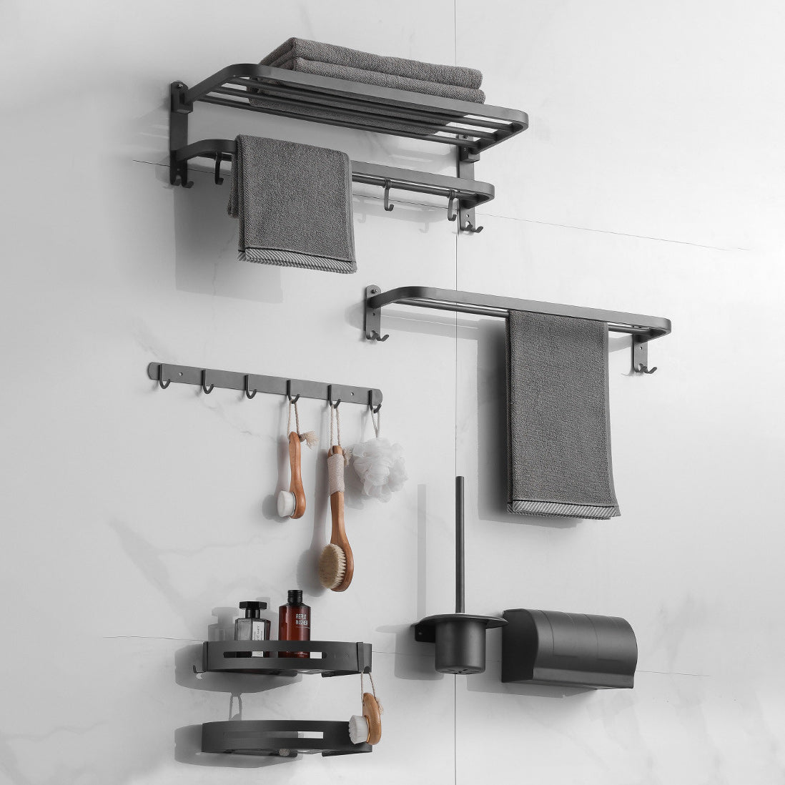 Modern Bath Hardware Set in Stainless Steel Matte Gray Robe Hooks/Towel Bar Clearhalo 'Bathroom Hardware Sets' 'Bathroom Hardware' 'Bathroom Remodel & Bathroom Fixtures' 'bathroom_hardware_sets' 'Home Improvement' 'home_improvement' 'home_improvement_bathroom_hardware_sets' 6864686