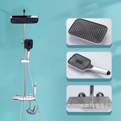 Modern Shower System Square Brass Temperature Control Wall Mounted Shower Combo Silver Clearhalo 'Bathroom Remodel & Bathroom Fixtures' 'Home Improvement' 'home_improvement' 'home_improvement_shower_faucets' 'Shower Faucets & Systems' 'shower_faucets' 'Showers & Bathtubs Plumbing' 'Showers & Bathtubs' 6871453