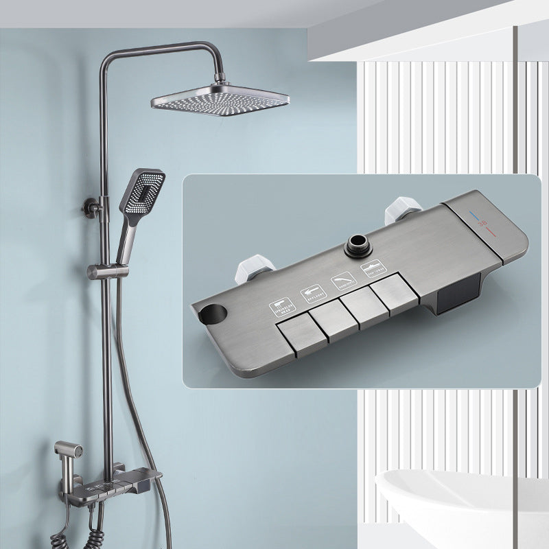 Modern Shower System Brass Temperature Control Wall Mounted Shower Head Combo Gun Grey Square Clearhalo 'Bathroom Remodel & Bathroom Fixtures' 'Home Improvement' 'home_improvement' 'home_improvement_shower_faucets' 'Shower Faucets & Systems' 'shower_faucets' 'Showers & Bathtubs Plumbing' 'Showers & Bathtubs' 6871469