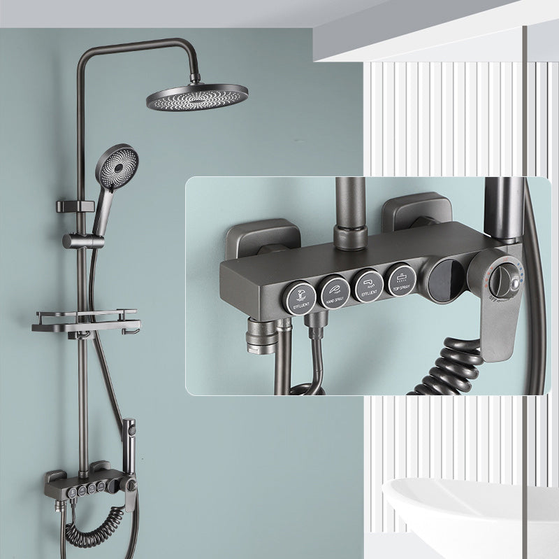 Modern Shower System Brass Temperature Control Wall Mounted Shower Head Combo Gun Grey Round Clearhalo 'Bathroom Remodel & Bathroom Fixtures' 'Home Improvement' 'home_improvement' 'home_improvement_shower_faucets' 'Shower Faucets & Systems' 'shower_faucets' 'Showers & Bathtubs Plumbing' 'Showers & Bathtubs' 6871471