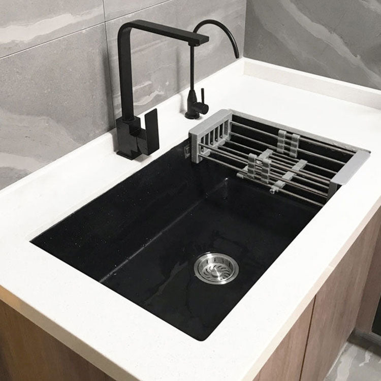 Rectangle Quartz Sink in Black Drop-In Kitchen Sink with Drain Assembly 30"L x 18"W x 9"H Sink with Faucet Seven Character Faucet Clearhalo 'Home Improvement' 'home_improvement' 'home_improvement_kitchen_sinks' 'Kitchen Remodel & Kitchen Fixtures' 'Kitchen Sinks & Faucet Components' 'Kitchen Sinks' 'kitchen_sinks' 6871644