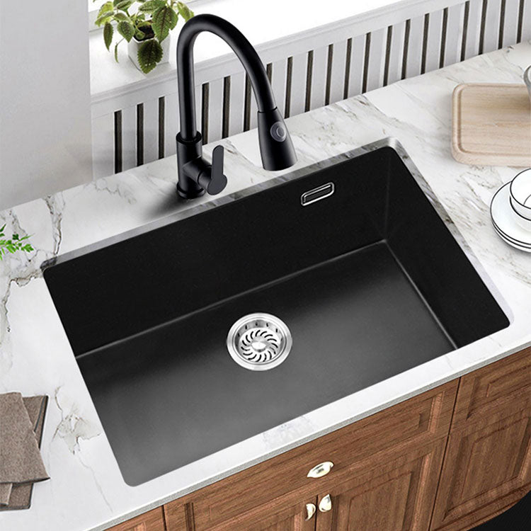 Rectangle Quartz Sink in Black Drop-In Kitchen Sink with Drain Assembly 23"L x 18"W x 8"H Sink with Faucet Pull Out Faucet Clearhalo 'Home Improvement' 'home_improvement' 'home_improvement_kitchen_sinks' 'Kitchen Remodel & Kitchen Fixtures' 'Kitchen Sinks & Faucet Components' 'Kitchen Sinks' 'kitchen_sinks' 6871647