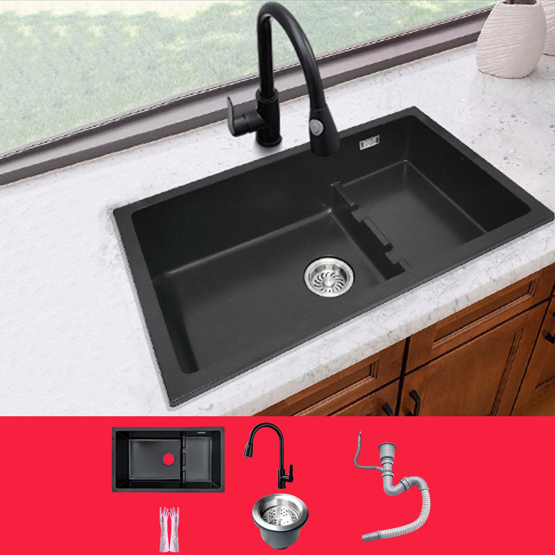 Rectangle Quartz Sink in Black Drop-In Kitchen Sink with Drain Assembly 30"L x 18"W x 8"H Sink with Faucet Pull Out Faucet Clearhalo 'Home Improvement' 'home_improvement' 'home_improvement_kitchen_sinks' 'Kitchen Remodel & Kitchen Fixtures' 'Kitchen Sinks & Faucet Components' 'Kitchen Sinks' 'kitchen_sinks' 6871656