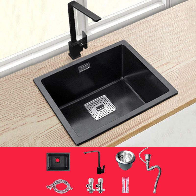 Rectangle Quartz Sink in Black Drop-In Kitchen Sink with Drain Assembly 20"L x 16"W x 9"H Sink with Faucet Seven Character Faucet Clearhalo 'Home Improvement' 'home_improvement' 'home_improvement_kitchen_sinks' 'Kitchen Remodel & Kitchen Fixtures' 'Kitchen Sinks & Faucet Components' 'Kitchen Sinks' 'kitchen_sinks' 6871657
