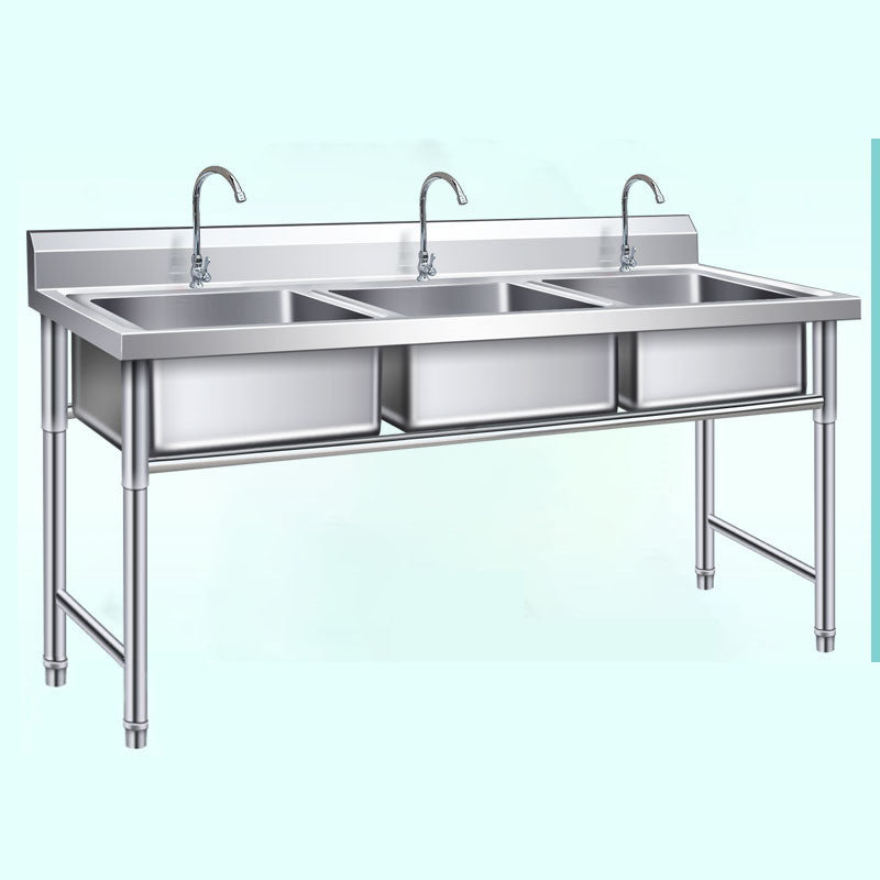 Simple Kitchen Sink Triple Bowl Stainless Steel Sink with Faucets 71"L x 24"W x 31"H Sink with Faucet Clearhalo 'Home Improvement' 'home_improvement' 'home_improvement_kitchen_sinks' 'Kitchen Remodel & Kitchen Fixtures' 'Kitchen Sinks & Faucet Components' 'Kitchen Sinks' 'kitchen_sinks' 6871694