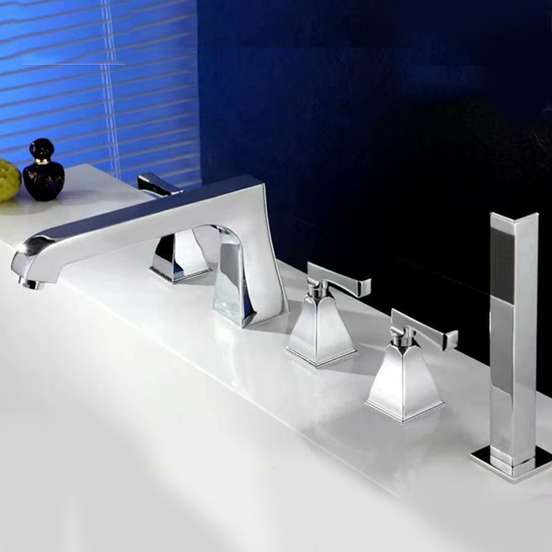 Modern Style Roman Tub Filler Low Arc Deck-Mount Copper Roman Tub Filler Silver 5 Hole Faucets Clearhalo 'Bathroom Remodel & Bathroom Fixtures' 'Bathtub Faucets' 'bathtub_faucets' 'Home Improvement' 'home_improvement' 'home_improvement_bathtub_faucets' 6871993