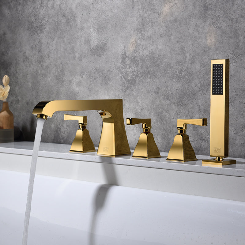 Modern Style Roman Tub Filler Low Arc Deck-Mount Copper Roman Tub Filler Gold 5 Hole Faucets Clearhalo 'Bathroom Remodel & Bathroom Fixtures' 'Bathtub Faucets' 'bathtub_faucets' 'Home Improvement' 'home_improvement' 'home_improvement_bathtub_faucets' 6871997