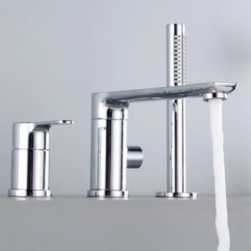 Modern Style Roman Tub Faucet Pure Color Deck-Mount Low Arc Copper Roman Tub Faucet Silver 3 Hole Faucets Clearhalo 'Bathroom Remodel & Bathroom Fixtures' 'Bathtub Faucets' 'bathtub_faucets' 'Home Improvement' 'home_improvement' 'home_improvement_bathtub_faucets' 6872012
