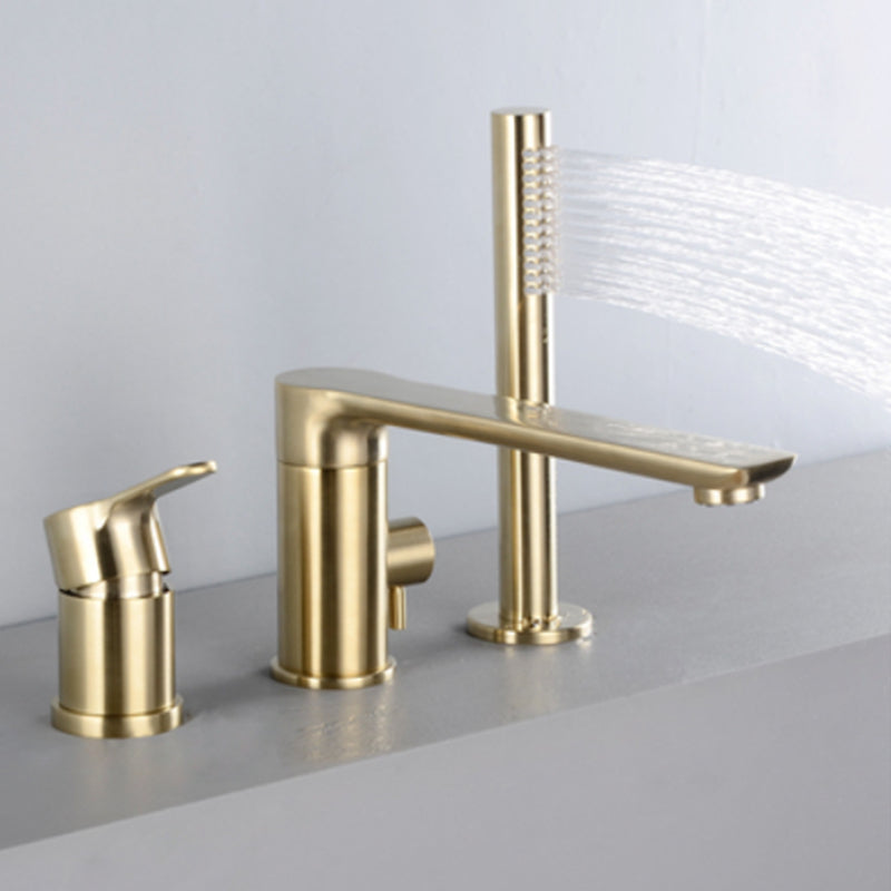 Modern Style Roman Tub Faucet Pure Color Deck-Mount Low Arc Copper Roman Tub Faucet Gold 3 Hole Faucets Clearhalo 'Bathroom Remodel & Bathroom Fixtures' 'Bathtub Faucets' 'bathtub_faucets' 'Home Improvement' 'home_improvement' 'home_improvement_bathtub_faucets' 6872018