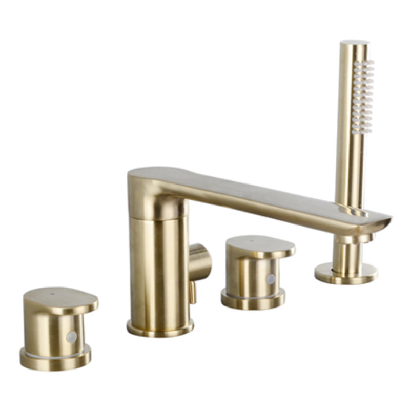 Modern Style Roman Tub Faucet Pure Color Deck-Mount Low Arc Copper Roman Tub Faucet Gold 4 Hole Faucets Clearhalo 'Bathroom Remodel & Bathroom Fixtures' 'Bathtub Faucets' 'bathtub_faucets' 'Home Improvement' 'home_improvement' 'home_improvement_bathtub_faucets' 6872021