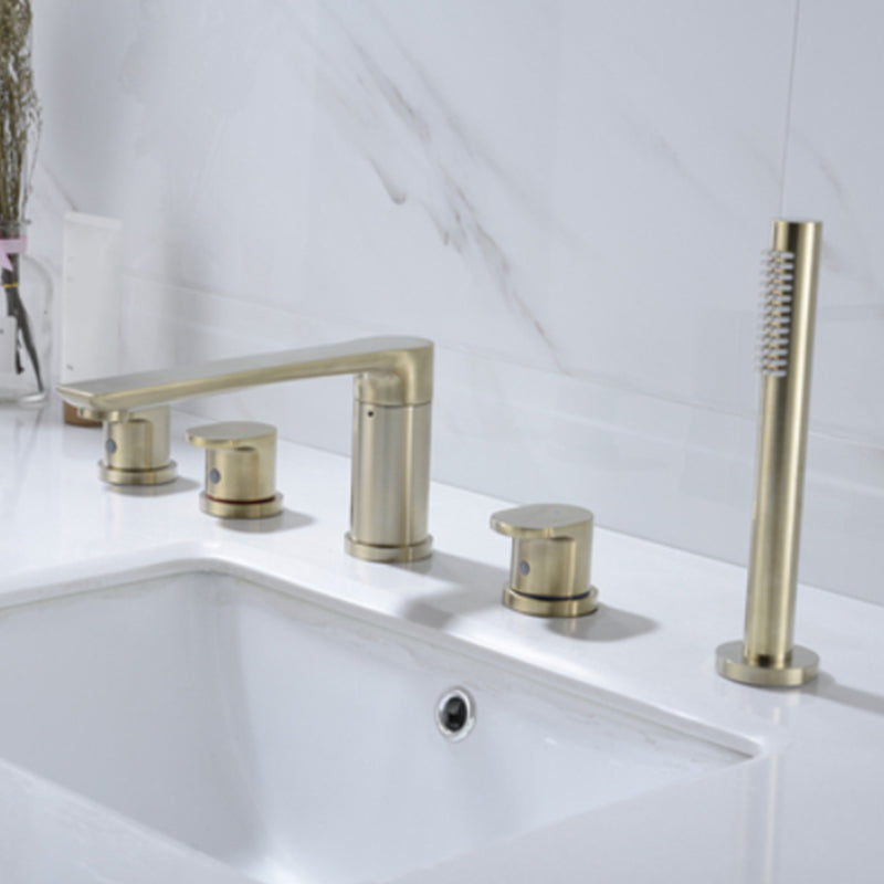 Modern Style Roman Tub Faucet Pure Color Deck-Mount Low Arc Copper Roman Tub Faucet Gold 5 Hole Faucets Clearhalo 'Bathroom Remodel & Bathroom Fixtures' 'Bathtub Faucets' 'bathtub_faucets' 'Home Improvement' 'home_improvement' 'home_improvement_bathtub_faucets' 6872023