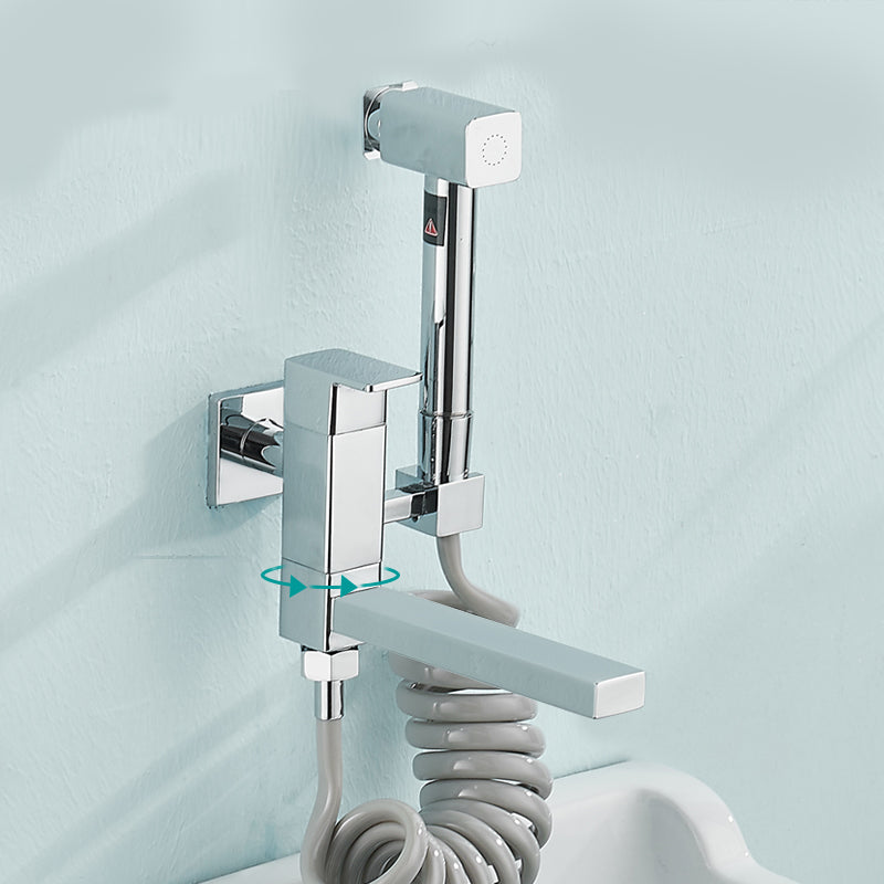 Modern Tub Filler Wall Mount Handshower Swivel Copper Tub Filler with Single Lever Handle Chrome Square Rectangle 1 Hole Faucets Clearhalo 'Bathroom Remodel & Bathroom Fixtures' 'Bathtub Faucets' 'bathtub_faucets' 'Home Improvement' 'home_improvement' 'home_improvement_bathtub_faucets' 6872052