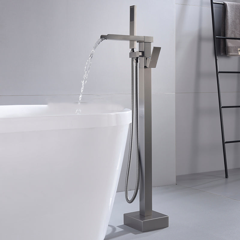 Modern Style Freestanding Tub Filler Floor Mount Freestanding Tub Filler with Hand Shower Clearhalo 'Bathroom Remodel & Bathroom Fixtures' 'Bathtub Faucets' 'bathtub_faucets' 'Home Improvement' 'home_improvement' 'home_improvement_bathtub_faucets' 6872064