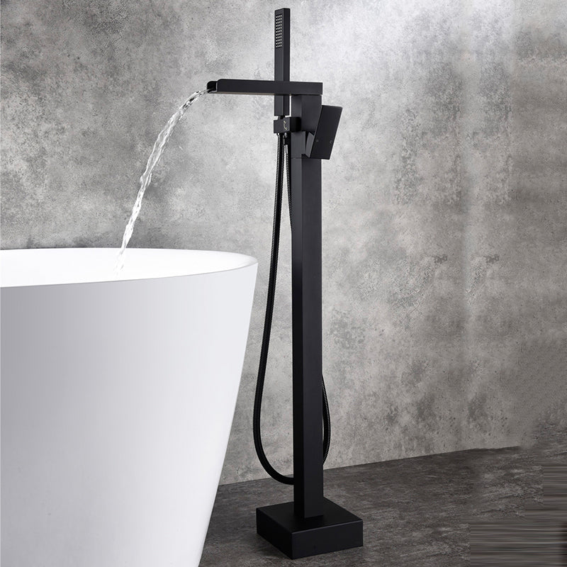 Modern Style Freestanding Tub Filler Floor Mount Freestanding Tub Filler with Hand Shower Black Square/ Rectangle Clearhalo 'Bathroom Remodel & Bathroom Fixtures' 'Bathtub Faucets' 'bathtub_faucets' 'Home Improvement' 'home_improvement' 'home_improvement_bathtub_faucets' 6872065