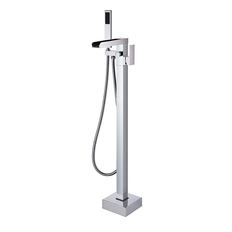 Modern Style Freestanding Tub Filler Floor Mount Freestanding Tub Filler with Hand Shower Chrome Square/ Rectangle Clearhalo 'Bathroom Remodel & Bathroom Fixtures' 'Bathtub Faucets' 'bathtub_faucets' 'Home Improvement' 'home_improvement' 'home_improvement_bathtub_faucets' 6872072