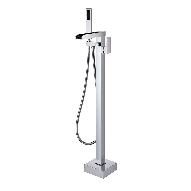 Modern Style Freestanding Tub Filler Floor Mount Freestanding Tub Filler with Hand Shower Chrome Square Rectangle Clearhalo 'Bathroom Remodel & Bathroom Fixtures' 'Bathtub Faucets' 'bathtub_faucets' 'Home Improvement' 'home_improvement' 'home_improvement_bathtub_faucets' 6872072