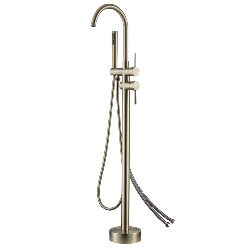 Modern Style Freestanding Tub Filler Floor Mount Freestanding Tub Filler with Hand Shower Gold Round Wall Mounted Clearhalo 'Bathroom Remodel & Bathroom Fixtures' 'Bathtub Faucets' 'bathtub_faucets' 'Home Improvement' 'home_improvement' 'home_improvement_bathtub_faucets' 6872079