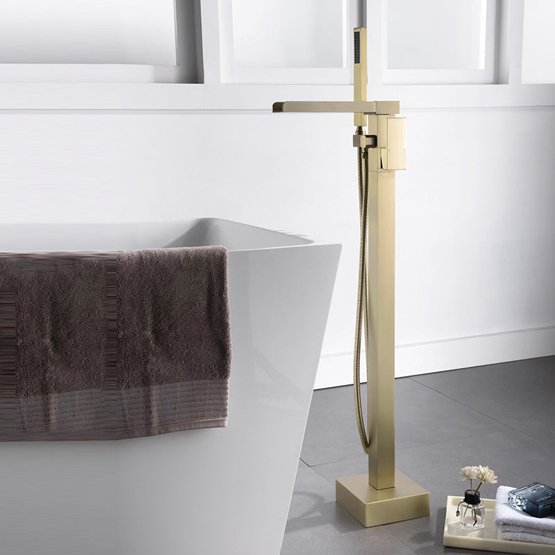 Modern Style Freestanding Tub Filler Floor Mount Freestanding Tub Filler with Hand Shower Gold Square Rectangle Clearhalo 'Bathroom Remodel & Bathroom Fixtures' 'Bathtub Faucets' 'bathtub_faucets' 'Home Improvement' 'home_improvement' 'home_improvement_bathtub_faucets' 6872080