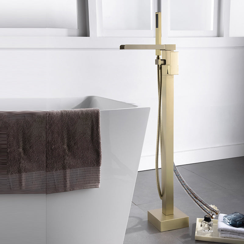 Modern Style Freestanding Tub Filler Floor Mount Freestanding Tub Filler with Hand Shower Gold Square Rectangle Wall Mounted Clearhalo 'Bathroom Remodel & Bathroom Fixtures' 'Bathtub Faucets' 'bathtub_faucets' 'Home Improvement' 'home_improvement' 'home_improvement_bathtub_faucets' 6872081