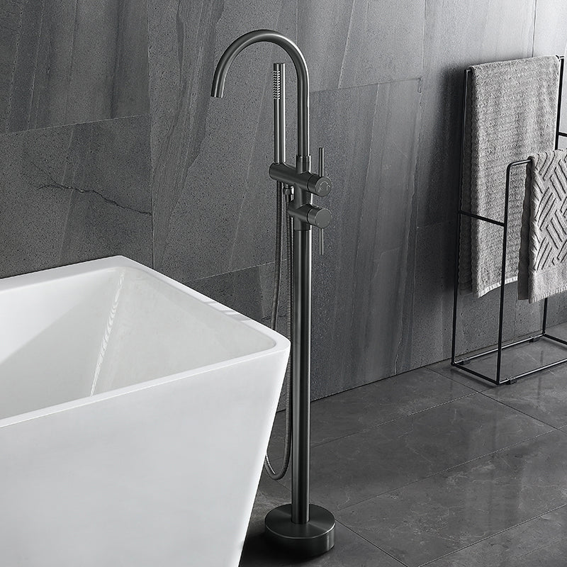Modern Style Freestanding Tub Filler Floor Mount Freestanding Tub Filler with Hand Shower Gun Grey Round Clearhalo 'Bathroom Remodel & Bathroom Fixtures' 'Bathtub Faucets' 'bathtub_faucets' 'Home Improvement' 'home_improvement' 'home_improvement_bathtub_faucets' 6872082
