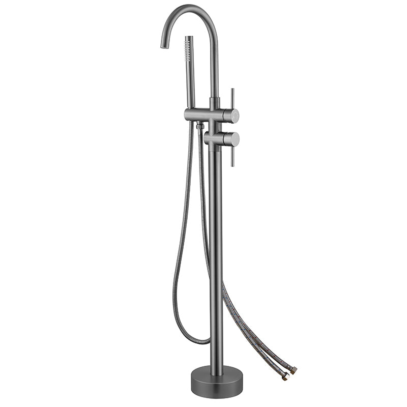 Modern Style Freestanding Tub Filler Floor Mount Freestanding Tub Filler with Hand Shower Gun Grey Round Wall Mounted Clearhalo 'Bathroom Remodel & Bathroom Fixtures' 'Bathtub Faucets' 'bathtub_faucets' 'Home Improvement' 'home_improvement' 'home_improvement_bathtub_faucets' 6872083