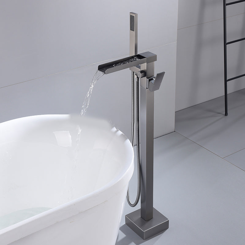Modern Style Freestanding Tub Filler Floor Mount Freestanding Tub Filler with Hand Shower Gun Grey Square/ Rectangle Clearhalo 'Bathroom Remodel & Bathroom Fixtures' 'Bathtub Faucets' 'bathtub_faucets' 'Home Improvement' 'home_improvement' 'home_improvement_bathtub_faucets' 6872084