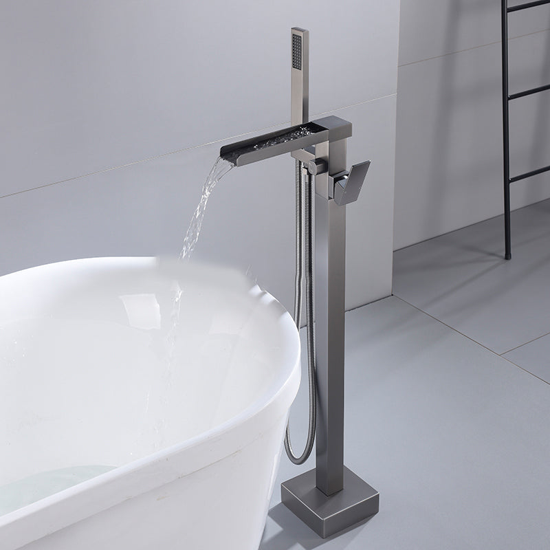 Modern Style Freestanding Tub Filler Floor Mount Freestanding Tub Filler with Hand Shower Gun Grey Square Rectangle Clearhalo 'Bathroom Remodel & Bathroom Fixtures' 'Bathtub Faucets' 'bathtub_faucets' 'Home Improvement' 'home_improvement' 'home_improvement_bathtub_faucets' 6872084