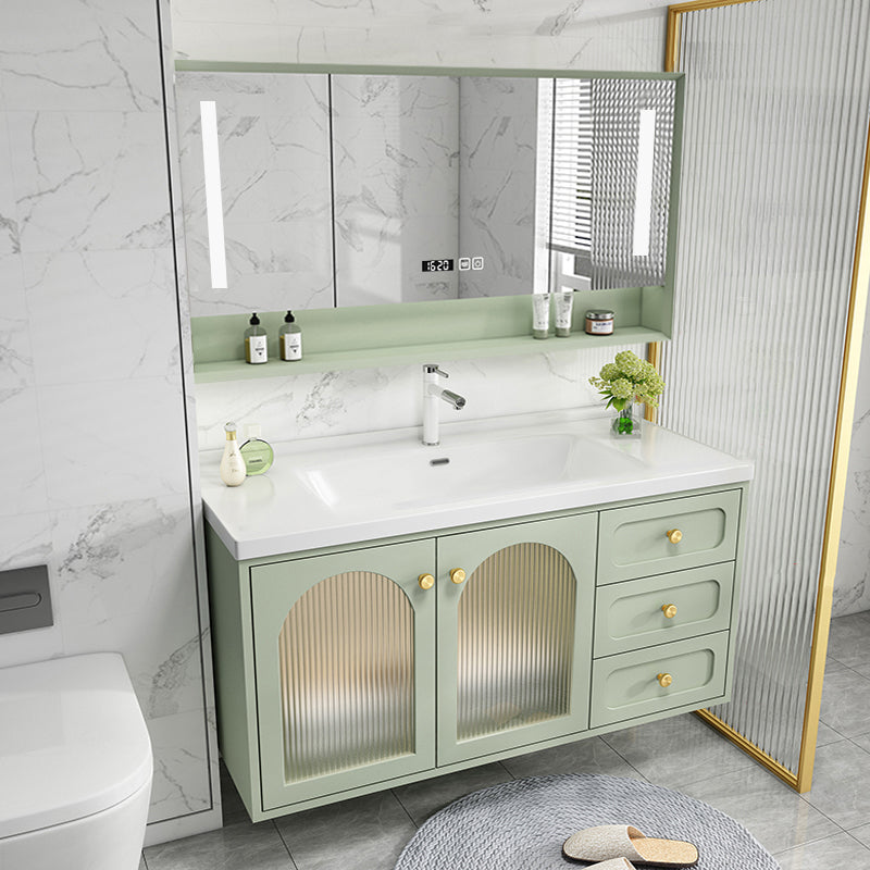 Scratch Resistant Vanity Mirror 2 Doors Drawers Single Sink Wall-Mounted Bath Vanity Vanity & Faucet & Smart Medicine Cabinet Clearhalo 'Bathroom Remodel & Bathroom Fixtures' 'Bathroom Vanities' 'bathroom_vanities' 'Home Improvement' 'home_improvement' 'home_improvement_bathroom_vanities' 6872185