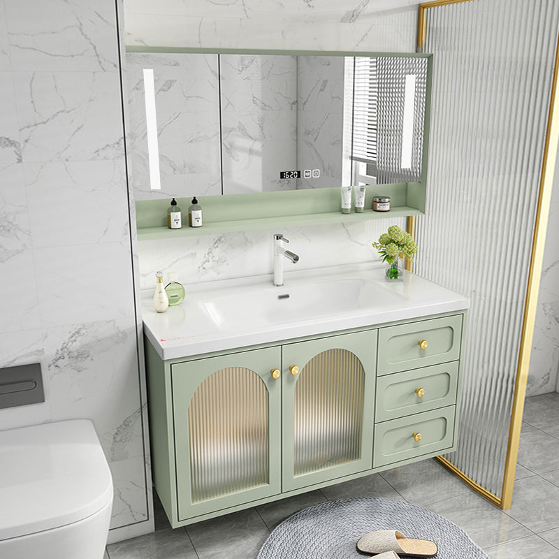 Scratch Resistant Vanity Mirror 2 Doors Drawers Single Sink Wall-Mounted Bath Vanity Vanity & Faucet & Smart Medicine Cabinet Clearhalo 'Bathroom Remodel & Bathroom Fixtures' 'Bathroom Vanities' 'bathroom_vanities' 'Home Improvement' 'home_improvement' 'home_improvement_bathroom_vanities' 6872194