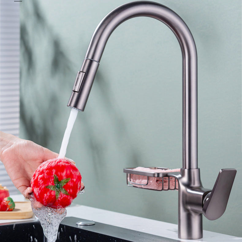 Gooseneck Kitchen Sink Faucet Swivel Spout with Pull down Sprayer Grey Storage Included Clearhalo 'Home Improvement' 'home_improvement' 'home_improvement_kitchen_faucets' 'Kitchen Faucets' 'Kitchen Remodel & Kitchen Fixtures' 'Kitchen Sinks & Faucet Components' 'kitchen_faucets' 6872424