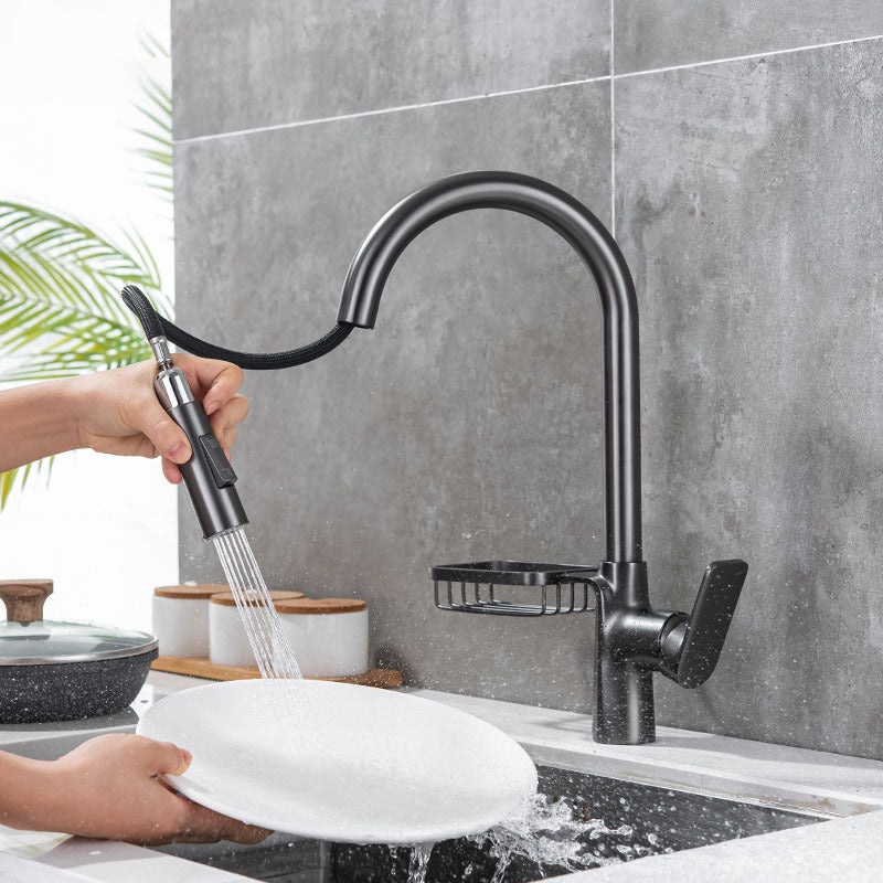 Gooseneck Kitchen Sink Faucet Swivel Spout with Pull down Sprayer Black Storage Included Clearhalo 'Home Improvement' 'home_improvement' 'home_improvement_kitchen_faucets' 'Kitchen Faucets' 'Kitchen Remodel & Kitchen Fixtures' 'Kitchen Sinks & Faucet Components' 'kitchen_faucets' 6872430
