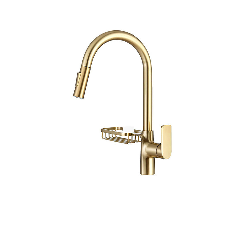 Gooseneck Kitchen Sink Faucet Swivel Spout with Pull down Sprayer Gold Storage Included Clearhalo 'Home Improvement' 'home_improvement' 'home_improvement_kitchen_faucets' 'Kitchen Faucets' 'Kitchen Remodel & Kitchen Fixtures' 'Kitchen Sinks & Faucet Components' 'kitchen_faucets' 6872433