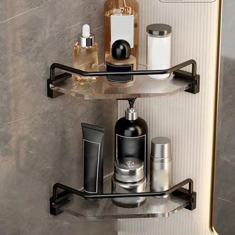 Matte Black Bathroom Hardware Set Metal & Acrylic Bath Shelf/Towel Bar/Robe Hooks 2-Piece Set (Triangular Bath Shelf) Clearhalo 'Bathroom Hardware Sets' 'Bathroom Hardware' 'Bathroom Remodel & Bathroom Fixtures' 'bathroom_hardware_sets' 'Home Improvement' 'home_improvement' 'home_improvement_bathroom_hardware_sets' 6876485