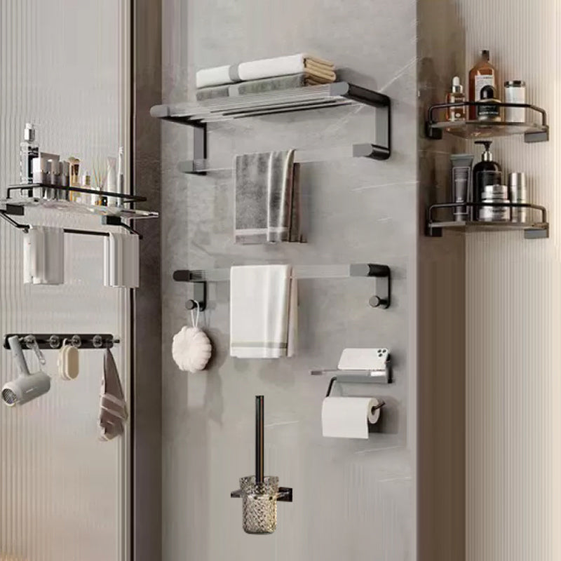 Matte Black Bathroom Hardware Set Metal & Acrylic Bath Shelf/Towel Bar/Robe Hooks Clearhalo 'Bathroom Hardware Sets' 'Bathroom Hardware' 'Bathroom Remodel & Bathroom Fixtures' 'bathroom_hardware_sets' 'Home Improvement' 'home_improvement' 'home_improvement_bathroom_hardware_sets' 6876487
