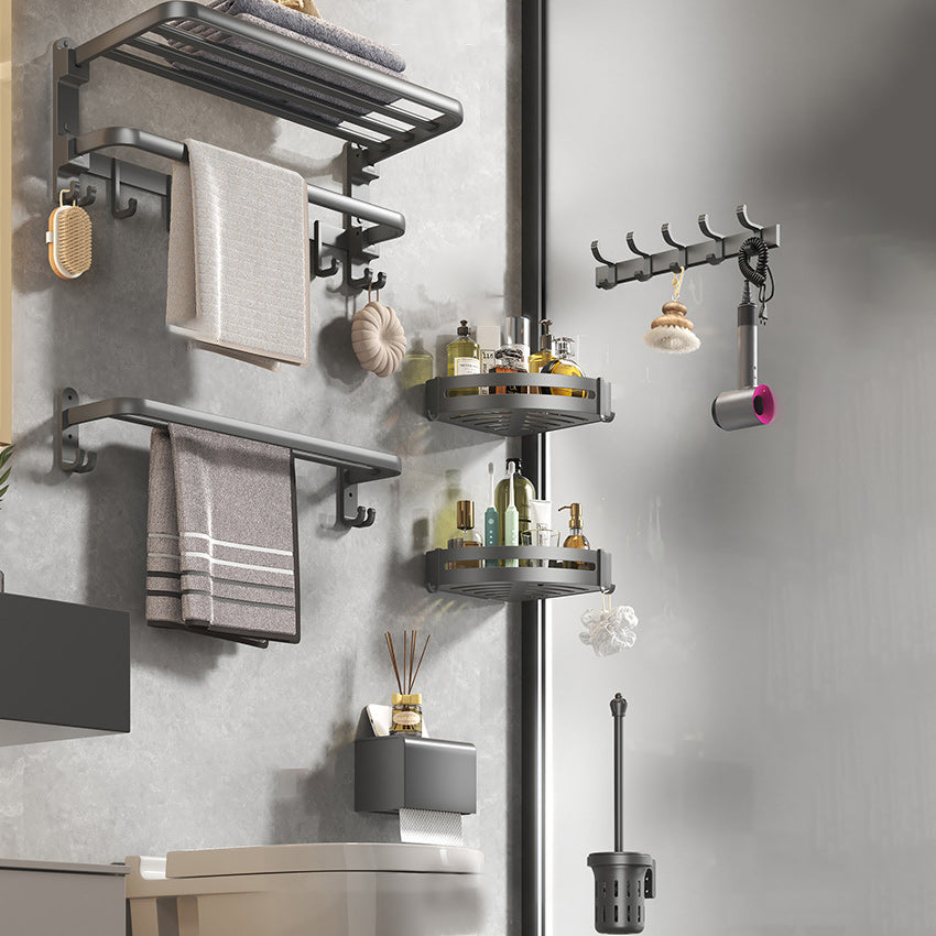 Contemporary Gray Bathroom Hardware Set with Bath Shelf/Towel Bar/Robe Hooks/Paper Holder Foldable 7-Piece (Triangular Bathroom Shelf) Clearhalo 'Bathroom Hardware Sets' 'Bathroom Hardware' 'Bathroom Remodel & Bathroom Fixtures' 'bathroom_hardware_sets' 'Home Improvement' 'home_improvement' 'home_improvement_bathroom_hardware_sets' 6876648