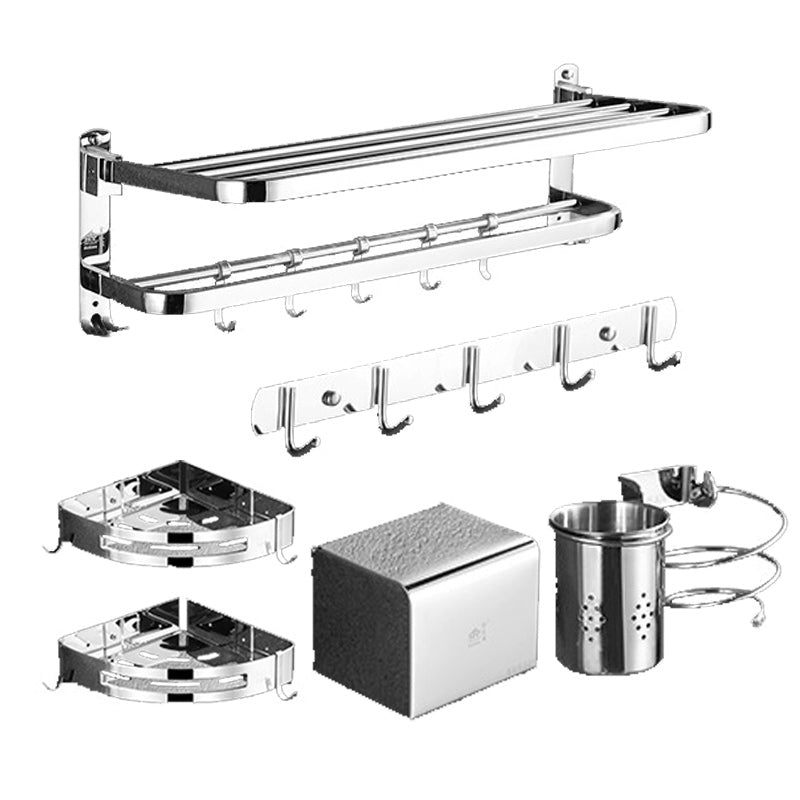 Polished Chrome Bath Hardware Set in Stainless Steel with Bath Shelf/Robe Hooks/Towel Bar 6-Piece Set (Hair Dryer Holder) Clearhalo 'Bathroom Hardware Sets' 'Bathroom Hardware' 'Bathroom Remodel & Bathroom Fixtures' 'bathroom_hardware_sets' 'Home Improvement' 'home_improvement' 'home_improvement_bathroom_hardware_sets' 6876669