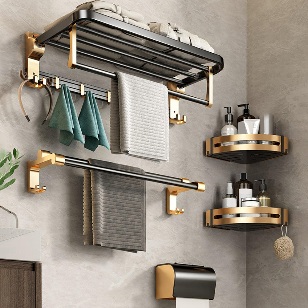 Black and Brass Bathroom Accessory Set Contemporary Bath Set with Bath Shelf/Towel Bar 5-Piece Set (Toilet Paper Holder) Clearhalo 'Bathroom Hardware Sets' 'Bathroom Hardware' 'Bathroom Remodel & Bathroom Fixtures' 'bathroom_hardware_sets' 'Home Improvement' 'home_improvement' 'home_improvement_bathroom_hardware_sets' 6876689