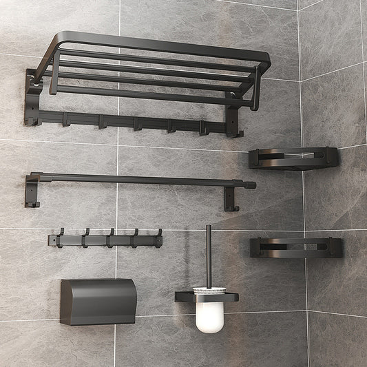 Modern Matte Black Bathroom Accessory Set with Bath Shelf/Robe Hooks/Towel Bar Clearhalo 'Bathroom Hardware Sets' 'Bathroom Hardware' 'Bathroom Remodel & Bathroom Fixtures' 'bathroom_hardware_sets' 'Home Improvement' 'home_improvement' 'home_improvement_bathroom_hardware_sets' 6876706