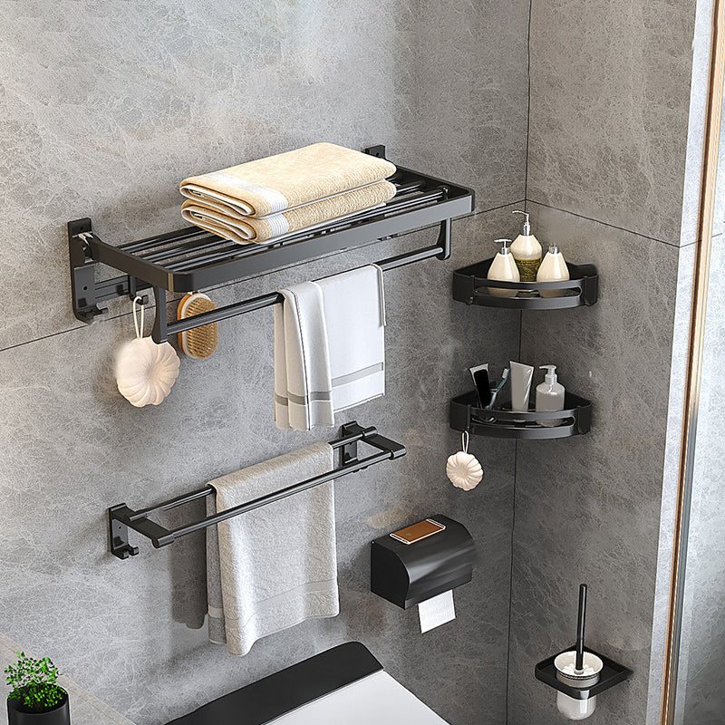 Modern Matte Black Bathroom Accessory Set with Bath Shelf/Robe Hooks/Towel Bar 6-Piece Set Clearhalo 'Bathroom Hardware Sets' 'Bathroom Hardware' 'Bathroom Remodel & Bathroom Fixtures' 'bathroom_hardware_sets' 'Home Improvement' 'home_improvement' 'home_improvement_bathroom_hardware_sets' 6876726