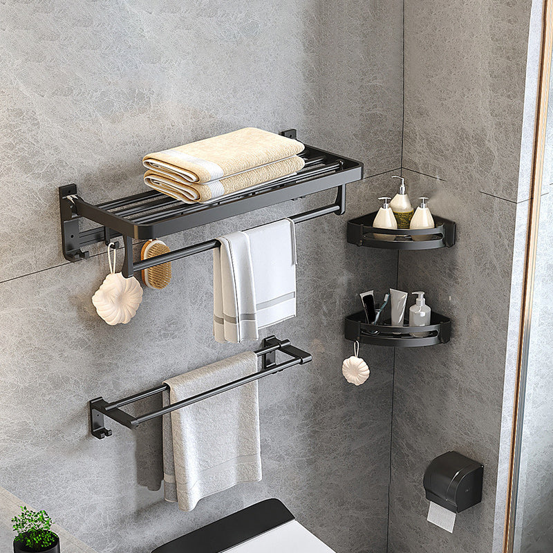 Modern Matte Black Bathroom Accessory Set with Bath Shelf/Robe Hooks/Towel Bar 5-Piece Set (Towel Bar) Clearhalo 'Bathroom Hardware Sets' 'Bathroom Hardware' 'Bathroom Remodel & Bathroom Fixtures' 'bathroom_hardware_sets' 'Home Improvement' 'home_improvement' 'home_improvement_bathroom_hardware_sets' 6876727