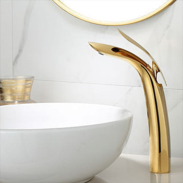 Brass 1 Hole Basin Faucet Lever Handle Sink Faucet Circular Modern Faucet for Bathroom Gold 13.7" Clearhalo 'Bathroom Remodel & Bathroom Fixtures' 'Bathroom Sink Faucets' 'Bathroom Sinks & Faucet Components' 'bathroom_sink_faucets' 'Home Improvement' 'home_improvement' 'home_improvement_bathroom_sink_faucets' 6881029