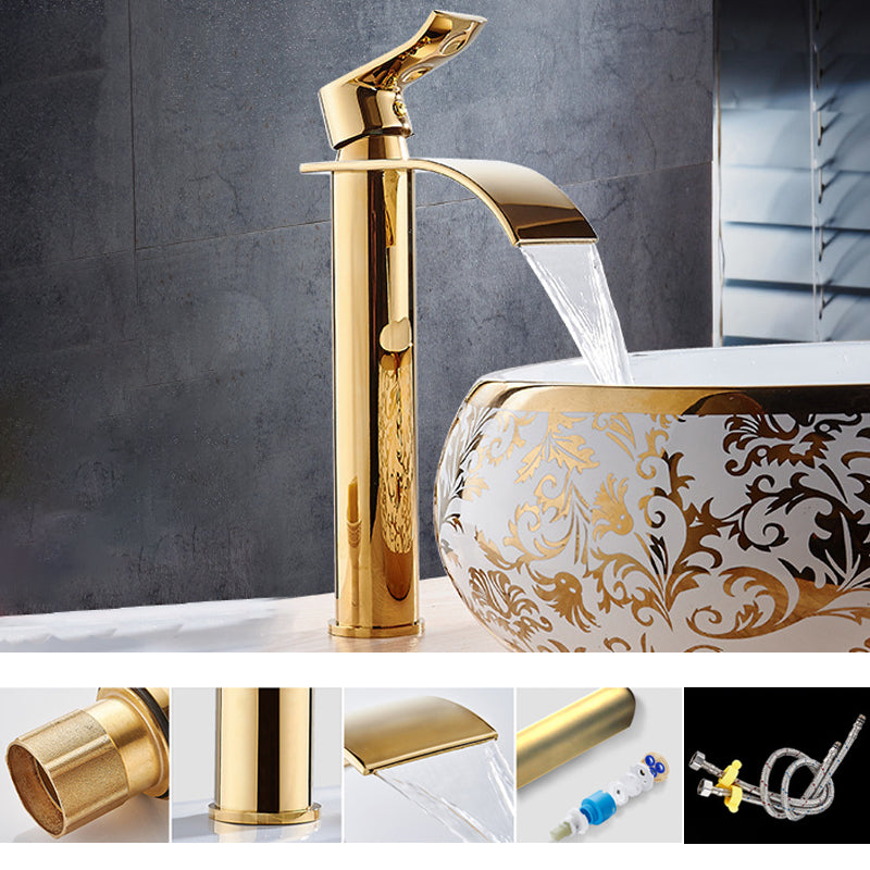 Single Hole Basin Faucet Waterfall Spout Sink Faucet Lever Handle Bathroom Faucet Gold 11.4" Square Clearhalo 'Bathroom Remodel & Bathroom Fixtures' 'Bathroom Sink Faucets' 'Bathroom Sinks & Faucet Components' 'bathroom_sink_faucets' 'Home Improvement' 'home_improvement' 'home_improvement_bathroom_sink_faucets' 6881050