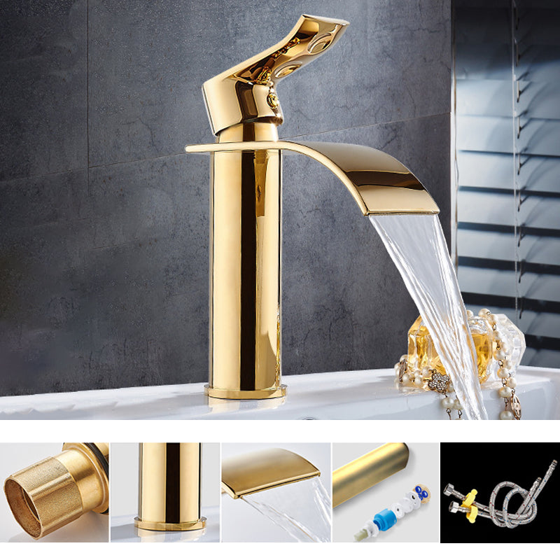 Single Hole Basin Faucet Waterfall Spout Sink Faucet Lever Handle Bathroom Faucet Gold 7.7" Square Clearhalo 'Bathroom Remodel & Bathroom Fixtures' 'Bathroom Sink Faucets' 'Bathroom Sinks & Faucet Components' 'bathroom_sink_faucets' 'Home Improvement' 'home_improvement' 'home_improvement_bathroom_sink_faucets' 6881051