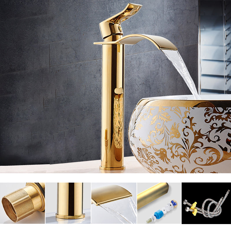 Single Hole Basin Faucet Waterfall Spout Sink Faucet Lever Handle Bathroom Faucet Gold 11.4" Round Clearhalo 'Bathroom Remodel & Bathroom Fixtures' 'Bathroom Sink Faucets' 'Bathroom Sinks & Faucet Components' 'bathroom_sink_faucets' 'Home Improvement' 'home_improvement' 'home_improvement_bathroom_sink_faucets' 6881053