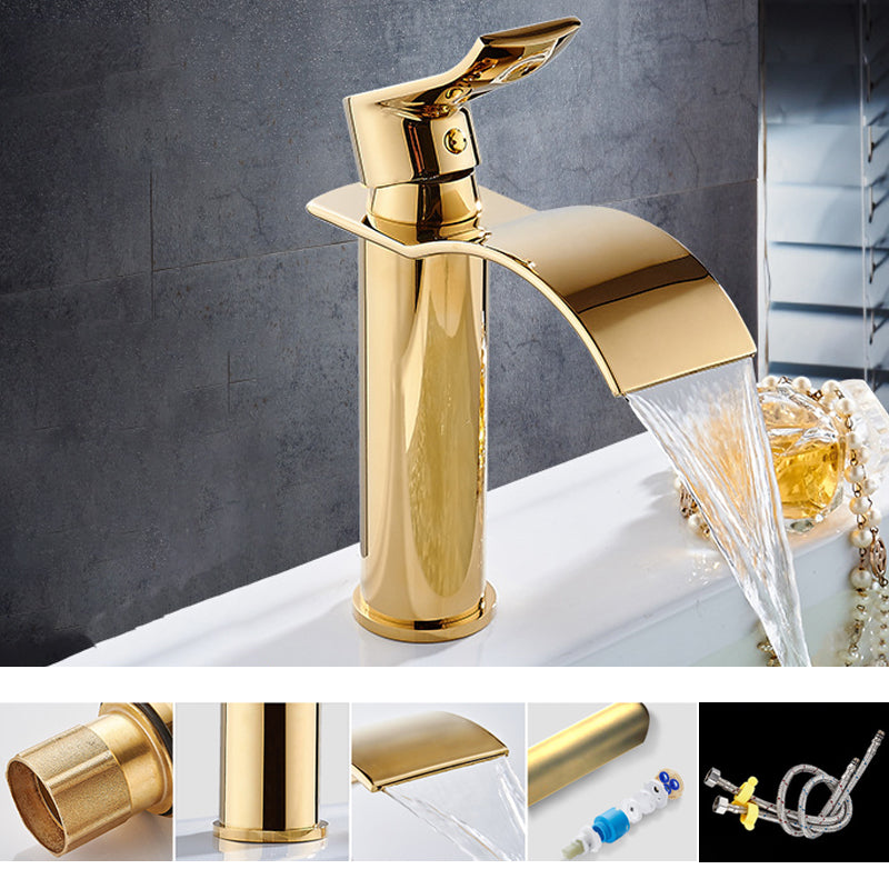 Single Hole Basin Faucet Waterfall Spout Sink Faucet Lever Handle Bathroom Faucet Gold 7.7" Round Clearhalo 'Bathroom Remodel & Bathroom Fixtures' 'Bathroom Sink Faucets' 'Bathroom Sinks & Faucet Components' 'bathroom_sink_faucets' 'Home Improvement' 'home_improvement' 'home_improvement_bathroom_sink_faucets' 6881055
