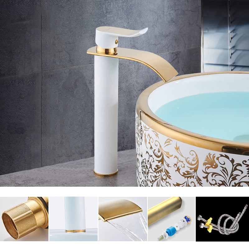 Single Hole Basin Faucet Waterfall Spout Sink Faucet Lever Handle Bathroom Faucet White-Gold 11.4" Square Clearhalo 'Bathroom Remodel & Bathroom Fixtures' 'Bathroom Sink Faucets' 'Bathroom Sinks & Faucet Components' 'bathroom_sink_faucets' 'Home Improvement' 'home_improvement' 'home_improvement_bathroom_sink_faucets' 6881058