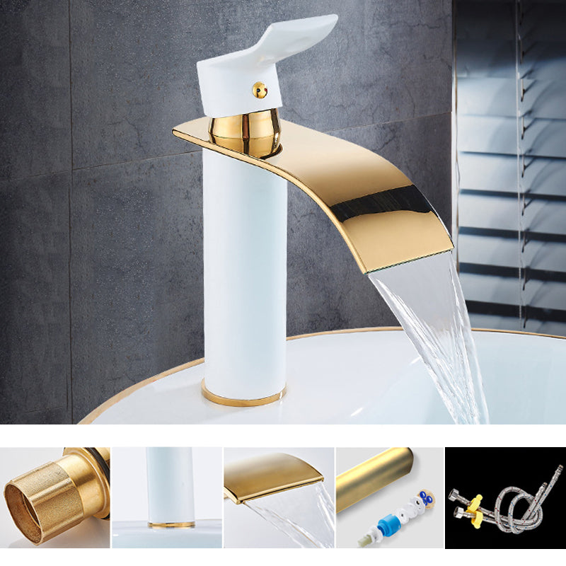 Single Hole Basin Faucet Waterfall Spout Sink Faucet Lever Handle Bathroom Faucet White-Gold 7.7" Square Clearhalo 'Bathroom Remodel & Bathroom Fixtures' 'Bathroom Sink Faucets' 'Bathroom Sinks & Faucet Components' 'bathroom_sink_faucets' 'Home Improvement' 'home_improvement' 'home_improvement_bathroom_sink_faucets' 6881060