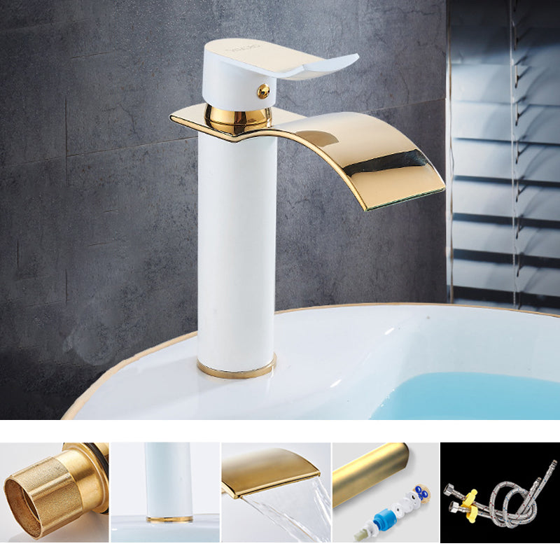 Single Hole Basin Faucet Waterfall Spout Sink Faucet Lever Handle Bathroom Faucet White-Gold 7.7" Round Clearhalo 'Bathroom Remodel & Bathroom Fixtures' 'Bathroom Sink Faucets' 'Bathroom Sinks & Faucet Components' 'bathroom_sink_faucets' 'Home Improvement' 'home_improvement' 'home_improvement_bathroom_sink_faucets' 6881064