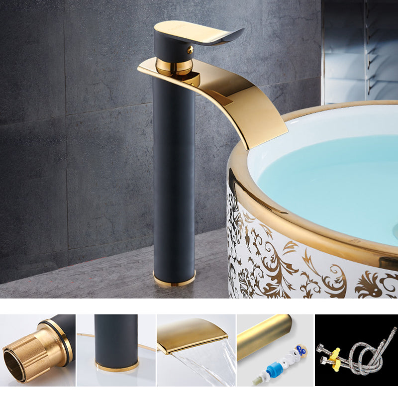 Single Hole Basin Faucet Waterfall Spout Sink Faucet Lever Handle Bathroom Faucet Black-Gold 11.4" Square Clearhalo 'Bathroom Remodel & Bathroom Fixtures' 'Bathroom Sink Faucets' 'Bathroom Sinks & Faucet Components' 'bathroom_sink_faucets' 'Home Improvement' 'home_improvement' 'home_improvement_bathroom_sink_faucets' 6881065