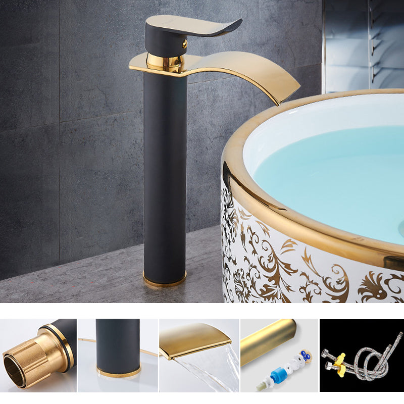 Single Hole Basin Faucet Waterfall Spout Sink Faucet Lever Handle Bathroom Faucet Black-Gold 11.4" Round Clearhalo 'Bathroom Remodel & Bathroom Fixtures' 'Bathroom Sink Faucets' 'Bathroom Sinks & Faucet Components' 'bathroom_sink_faucets' 'Home Improvement' 'home_improvement' 'home_improvement_bathroom_sink_faucets' 6881069